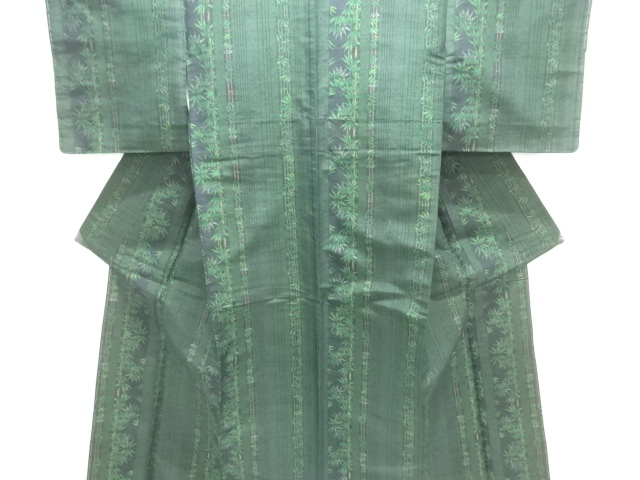 未使用品　縞に竹笹模様織り出し手織り紬着物